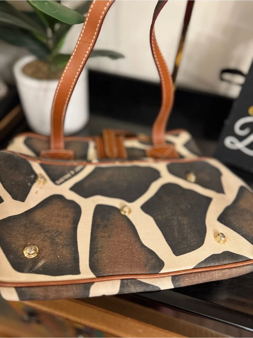Dooney & Bourke Brown and Cream Giraffe-Print Shoulder Tote